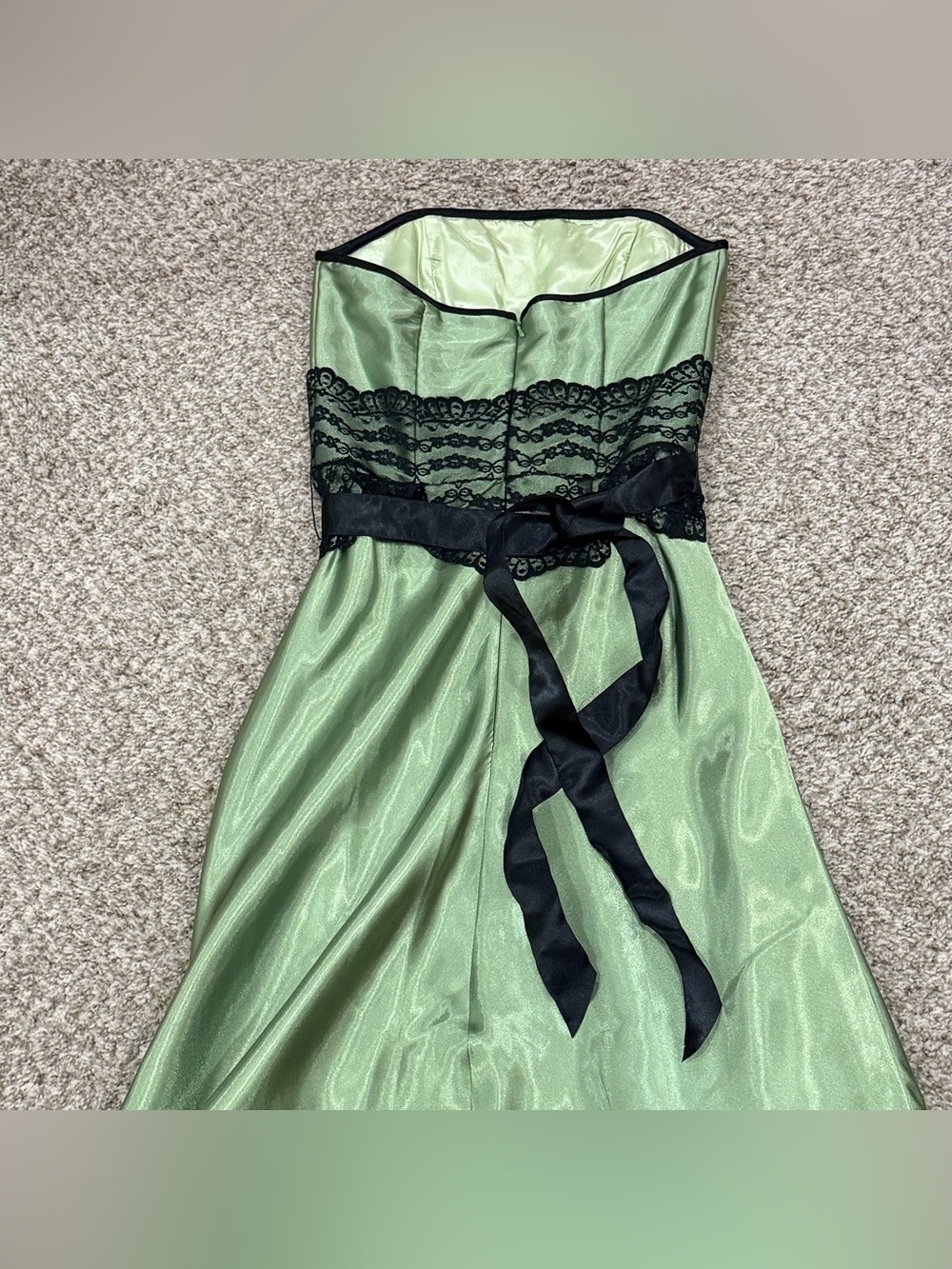 Vintage Jessica McClintock for Gunne Sax green strapless satin black lace dress - Picture 5 of 11
